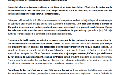 courrier intersyndical contre la proposition de loi issue du Sénat relative au travail du 1er mai
