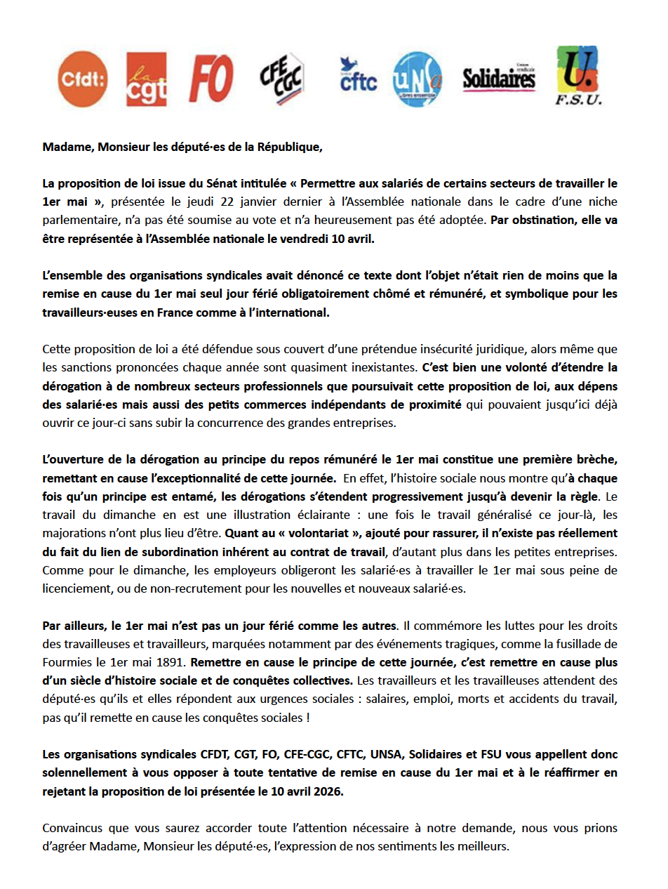 courrier intersyndical au sujet de la proposition de loi sur le travail du 1er mai